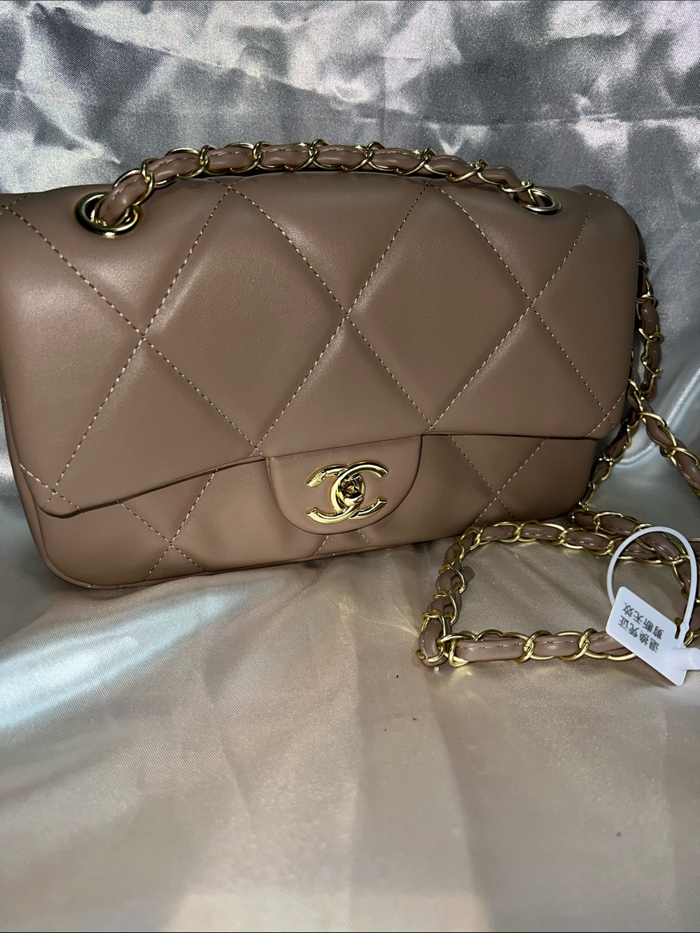 Quilted Shoulder Bag in Taupe with Gold Hardware